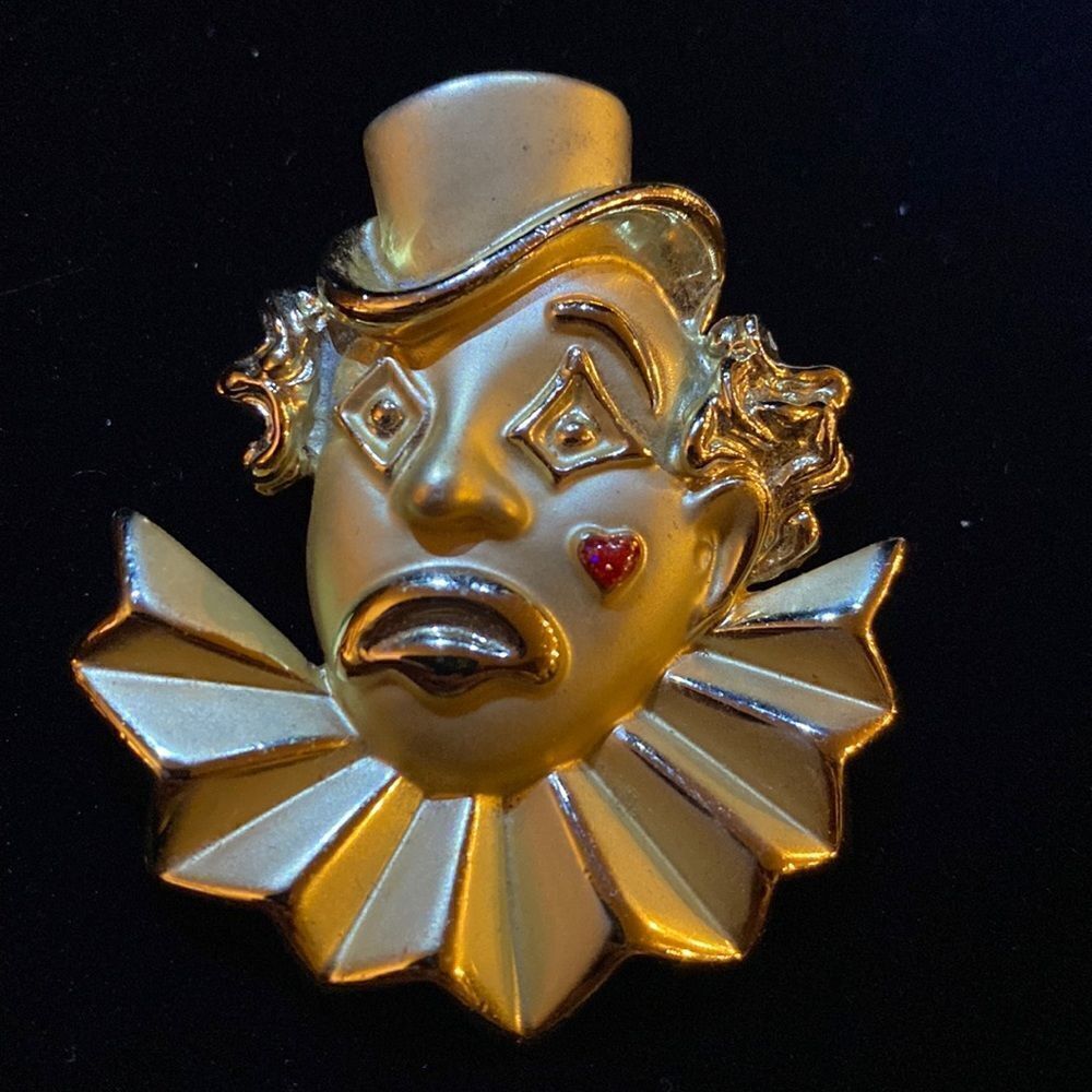 Vintage AJC Signed Sad Clown Mask Gold Tone Brooch Pin